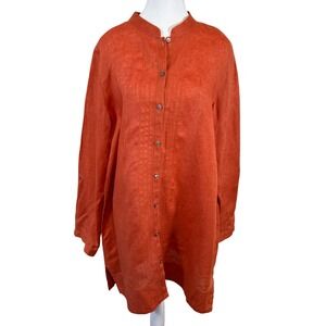 J Jill Orange Linen Tunic Shirt Top Mandarin Collar Roll Tab Sleeves Size L